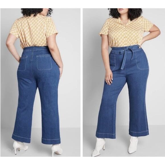 ModCloth Jeans Womens 16 Daydream Wide Flare Denim Back Zip Pockets Boho Retro - Picture 1 of 11